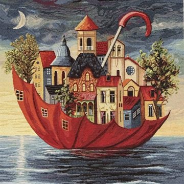 paraply stof, møbelstof, stof med huse