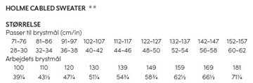 størrelsesskema til Holme