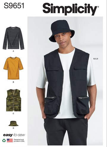 Simplicity S 9651 - Herre T-shirt, vest og hat